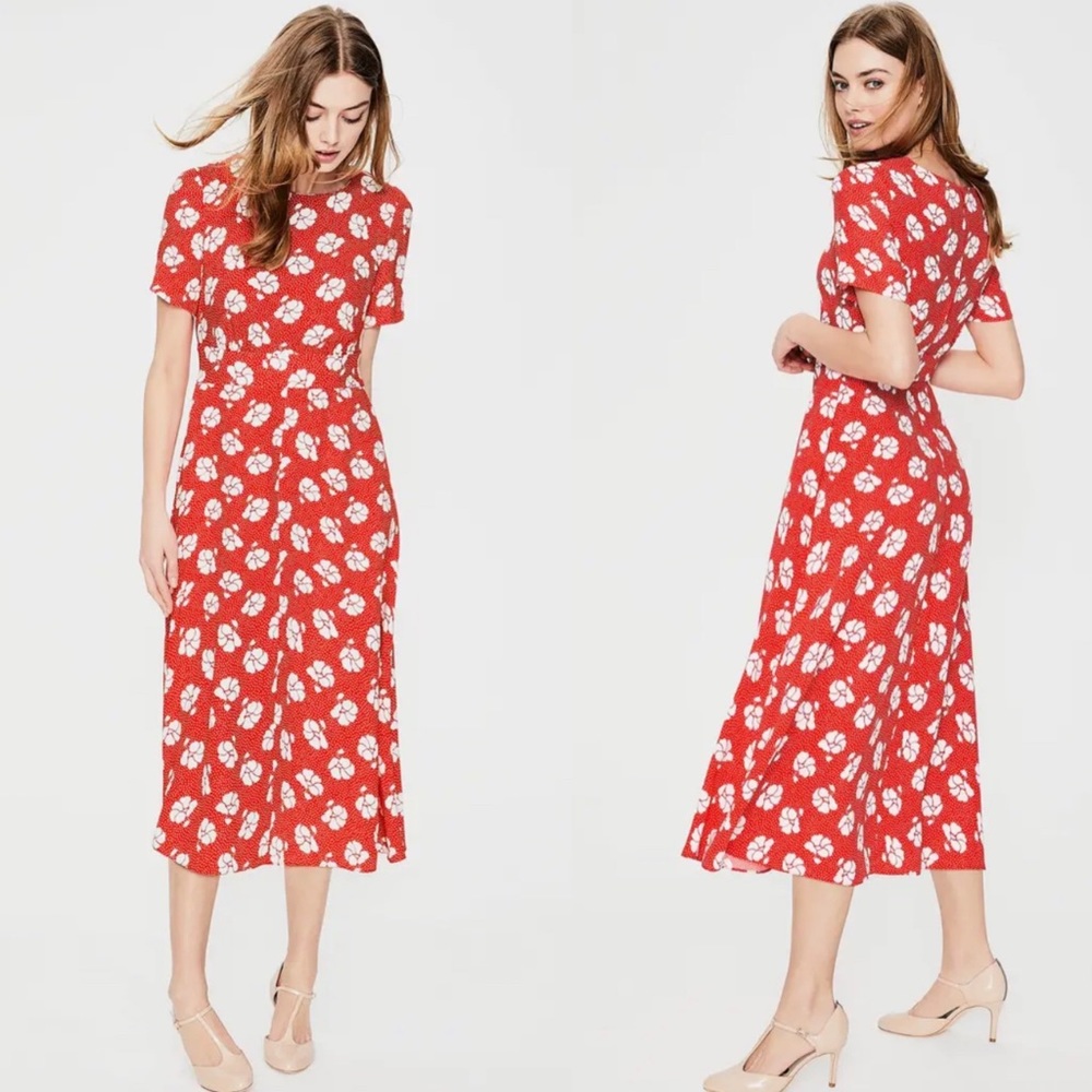 Boden Ruth Rosehip Primrose Floral Midi Dress Red Polka Dot 2R
